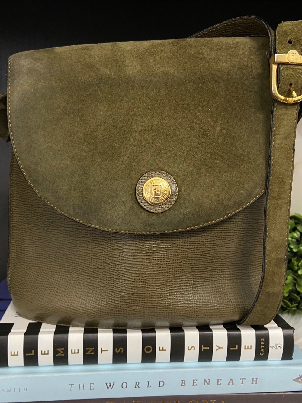 Fendi Vintage Crossbody Bag Olive Green Saffiano and Suede Leather Gold Hardware
